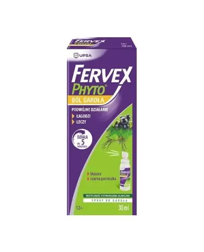 Fervex Phyto Ból Gardła, spray do gardła, 30 ml - Z wyciągiem z liści bluszczu i owoców czarnej porzeczki oraz olejkami eterycznymi