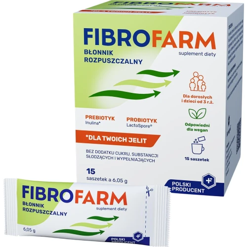 Fibrofarm Błonnik rozpuszczalny, 15 saszetek - Nietworzący żelu błonnik roślinny z probiotykiem LactoSpore