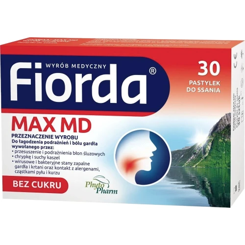 Fiorda Max MD, 30 pastylek do ssania - Z chrząstnicą kędzierzawą i porostem islandzkim łagodzące podrażnienie i ból gardła