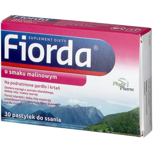 Fiorda o smaku malinowym, 30 pastylek  - Pastylki do ssania z porostem islandzkim, dla dorosłych i dzieci
