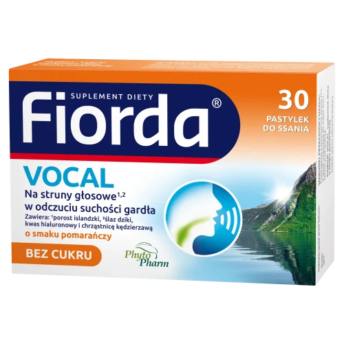 Fiorda Vocal o smaku pomarańczowym bez cukru, 30 pastylek do ssania - Pastylki na struny głosowe w odczuciu suchości gardła