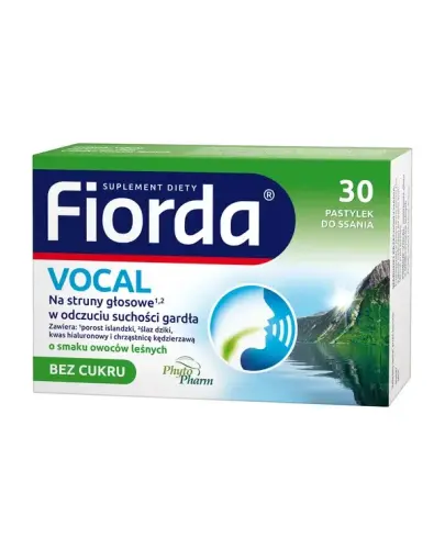 Fiorda Vocal o smaku owoców leśnych, 30 pastylek  - Zawiera w składzie porost islandzki, ślaz dziki, kwas hialuronowy oraz chrząstnicę kędzierzawą