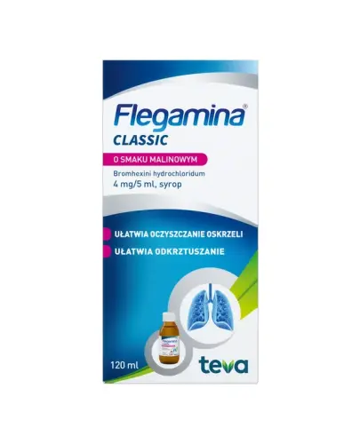 Flegamina Classic o smaku malinowym, 4mg/5ml,120 ml - Ułatwia odkrztuszanie, oczyszcza oskrzela