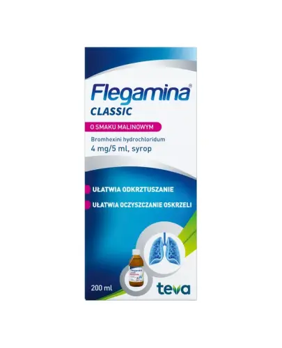 Flegamina Classic o smaku malinowym 4 mg/5 ml, 200 ml - Ułatwia odkrztuszanie, oczyszcza oskrzela