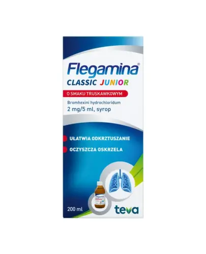 Flegamina Classic Junior o smaku truskawkowym 2 mg/5 ml, 200 ml  - Ułatwia odkrztuszanie, oczyszcza oskrzela