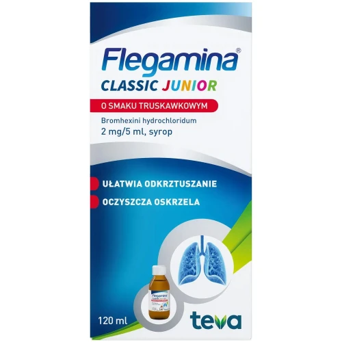Flegamina Classic Junior o smaku truskawkowym 2mg/5ml, syrop 120 ml - Na mokry kaszel dla dzieci