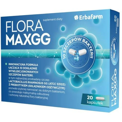 Flora MAXGG, 20 kapsułek - 10 dokładnie wyselekcjonowanych szczepów bakteril probiotycznych