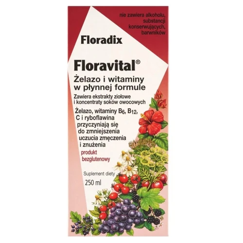 Floradix Floravital, płyn 250 ml - Bezglutenowy tonik do picia dla kobiet z niskim poziomem żelaza