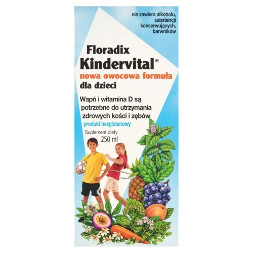 Floradix Kindervital Nowa owocowa formuła dla dzieci, 250 ml - Wapń i witaminy dla dorosłych i dzieci od 3.roku życia