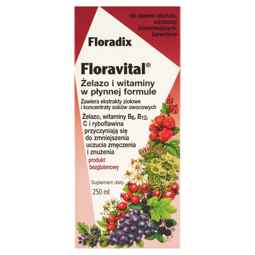 Floradix Żelazo i Witaminy, tonik, 250 ml - Wyciągi z ziół i ekstrakty z soków owocowych i warzywnych z żelazem i witaminami