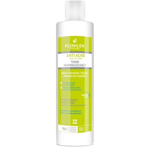 Floslek Anti Acne 24 h System tonik normalizujący, 225 ml - Zawiera 96% składników pochodzenia naturalnego