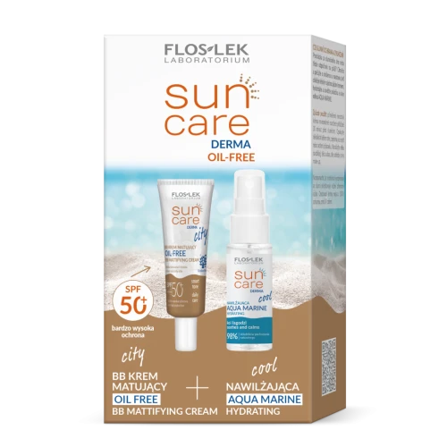Floslek Sun Care Derma Oil-Free Zestaw - krem BB matujący SPF 50+, 30 ml + mgiełka nawilżająca, 30 ml  - Ochrona słoneczna i nawilżenie