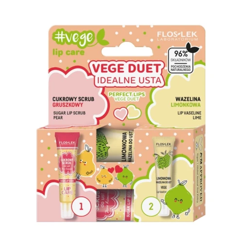 Floslek Vege Duet Idealne Usta Zestaw - Cukrowy scrub do ust, 14 g + Wazelina do ust, 10 g - Kompleksowa pielęgnacja i ochrona ust