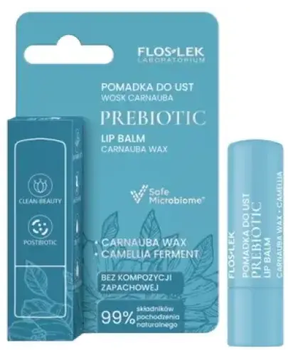 Floslek Prebiotic Lip Care pomadka do ust wosk carnauba, 4 g - Łagodzi i regeneruje podrażnioną i spierzchniętą skórę ust