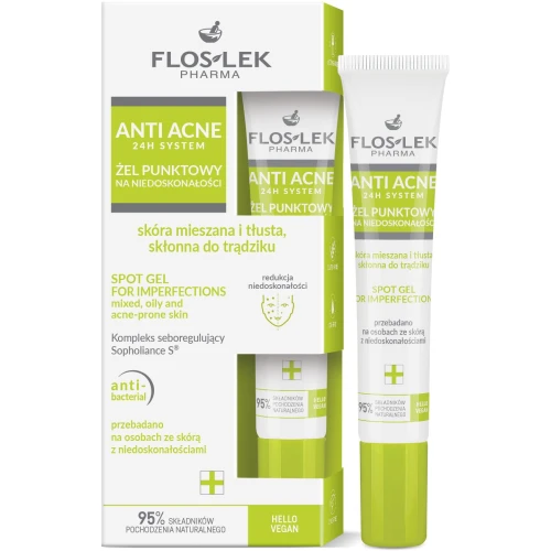 Floslek Anti Acne 24 h System żel punktowy na niedoskonałości, 20 ml - Wspiera redukcję zmian skórnych oraz hamuje wzrost bakterii