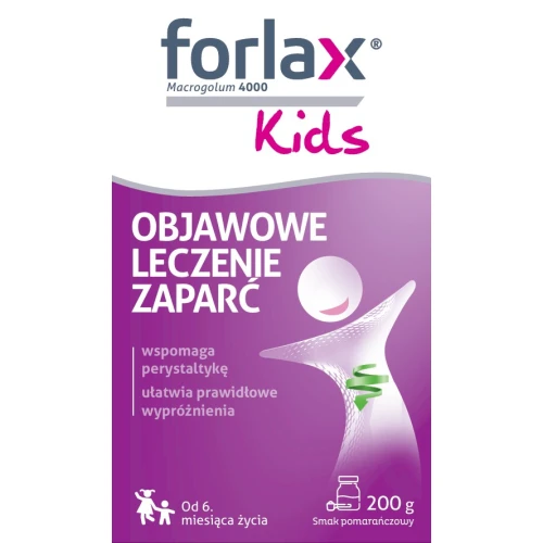 Forlax Kids na zaparcia u dzieci, proszek 200 g - Macrogolum 4000 zmiękcza masy kałowe i ułatwia wypróżnienia