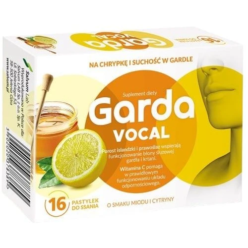 Garda Vocal o smaku miodu i cytryny, 16 pastylek - Z porostem islandzkim i prawoślazem, które koją i nawilżają podrażnione gardło