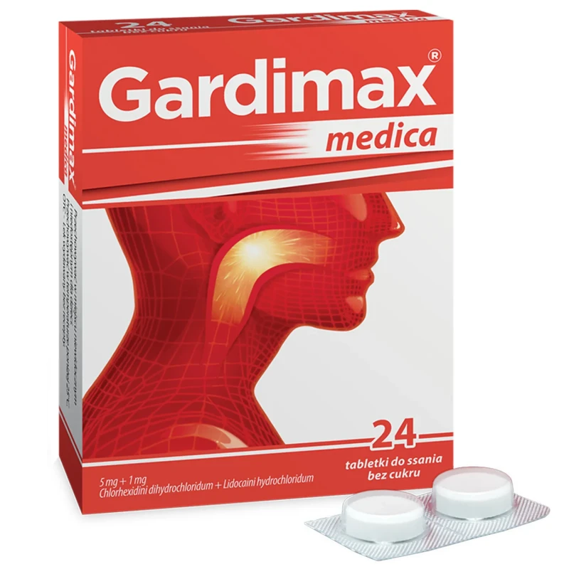 Gardimax Medica miętowy 5 mg + 1 mg, 24 tabletki do ssania - Na stany zapalne gardła. Lek odkażający z chlorheksydyną