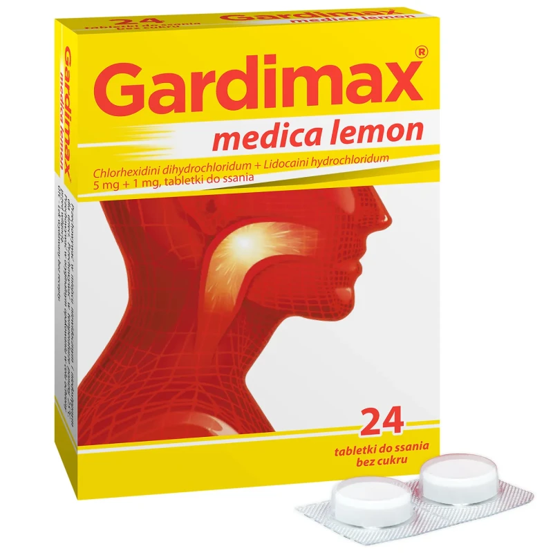Gardimax Medica Lemon 5 mg + 1 mg, bez cukru, 24 tabletki do ssania - Tabletki do ssania na ból gardła i stany zapalne jamy ustnej