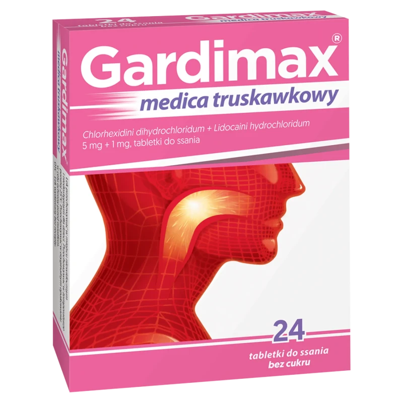 Gardimax Medica truskawkowy 5 mg +1 mg, 24 tabletki do ssania - Pastylki na ból gardła