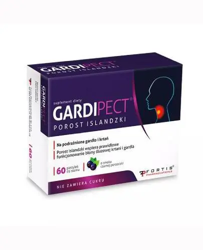 Gardipect Porost islandzki o smaku czarnej porzeczki, 60 pastylek - Ze składnikami łagodzącymi podrażnienie gardła