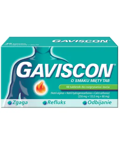 Gaviscon o smaku mięty, 48 tabletek do rozgryzania i żucia - Na objawy refluksu żołądkowo-przełykowego