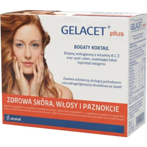 Gelacet Plus, 21 saszetek - Bogaty koktajl z hydrolizatem kolagenu i witaminami – zdrowa skóra, włosy i paznokcie