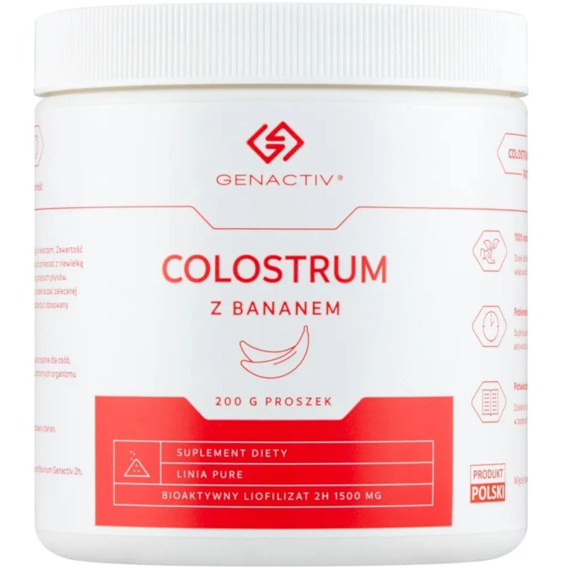 Genactiv Colostrum z bananem, 200 g - Skoncentrowane Colostrum i naturalny bananowy smak dla codziennego wsparcia energii.
