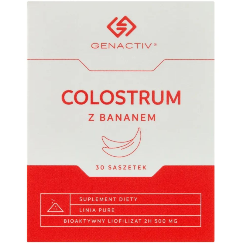 Genactiv Colostrum z bananem, 30 saszetek - Colostrum o przyjemnym bananowym smaku. Odpowiednie dla całej rodziny.