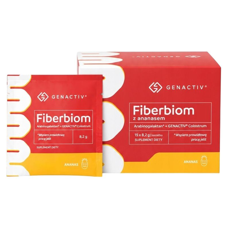 Genactiv Fiberbiom z ananasem, 15 saszetek x 8, 2 g - Błonnik z arabinogalaktanem i colostrum