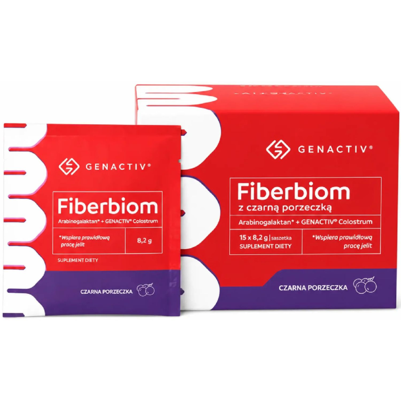 Genactiv Fiberbiom z czarną porzeczką, 15 saszetek x 8, 2 g - Błonnik z arabinogalaktanem i colostrum