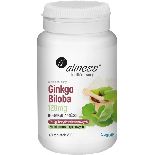 Aliness Ginkgo Biloba (miłorząb japoński) 120 mg, 60 tabletek - Wsparcie pamięci, koncentracji i krążenia