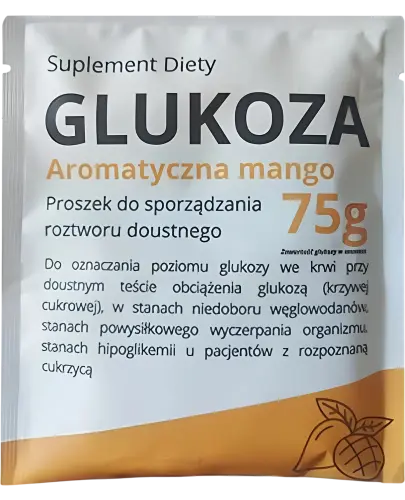 Glukoza Pharma Dot, proszek o smaku mango 75 g - Suplement diety do oznaczania poziomu glukozy we krwi przy doustnym teście obciążenia glukozą