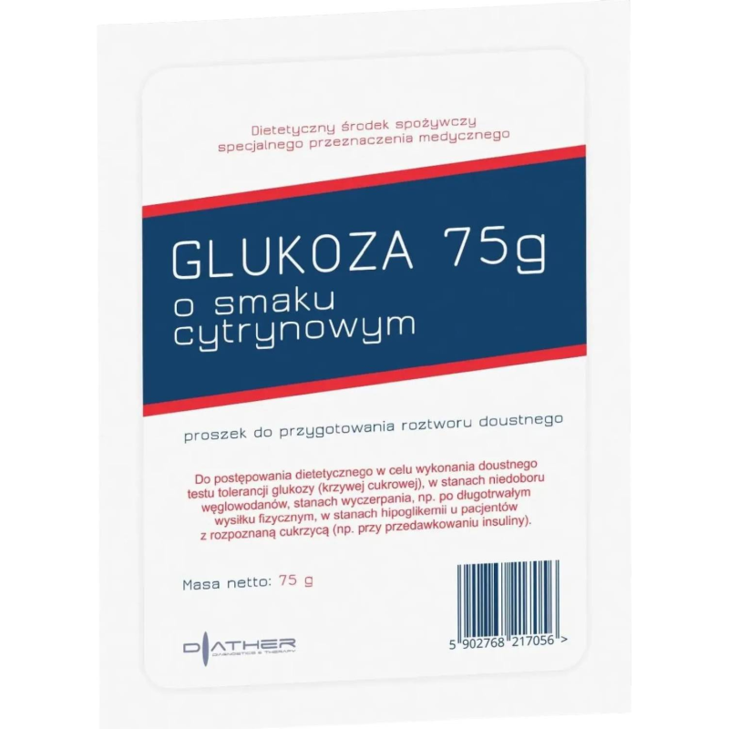 Diather Glukoza, smak cytrynowy, proszek 75 g  - Precyzyjna dawka do testu obciążenia glukozą oraz postępowania dietetycznego w hipoglikemii