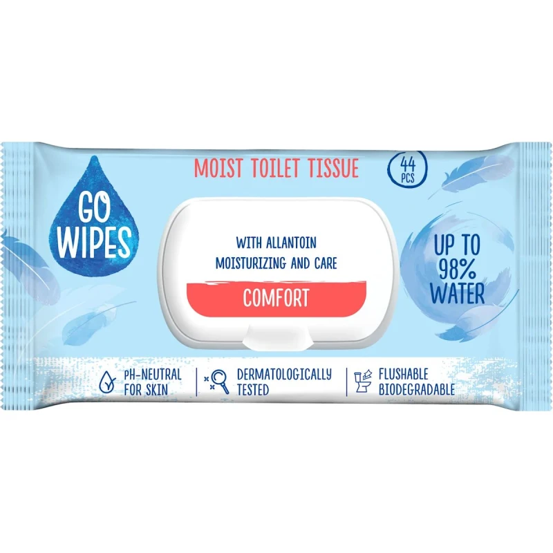 Go Wipes Comfort Nawilżany papier toaletowy, 44 sztuki - Do higieny okolic intymnych i codziennego odświeżania