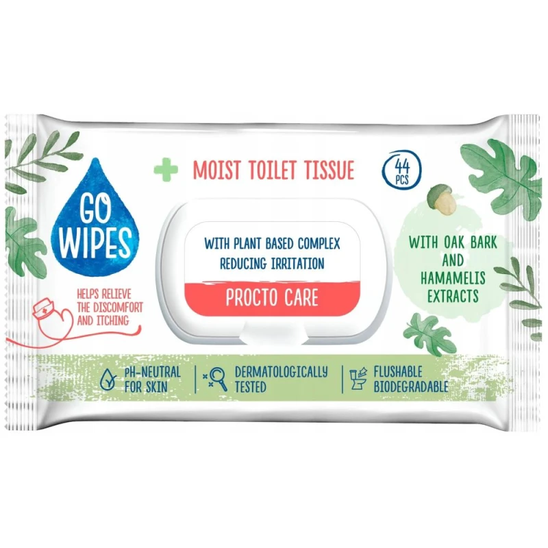 Go Wipes Procto Care Nawilżany papier toaletowy, 44 sztuki - Delikatne oczyszczanie i pielęgnacja skóry okolic odbytu