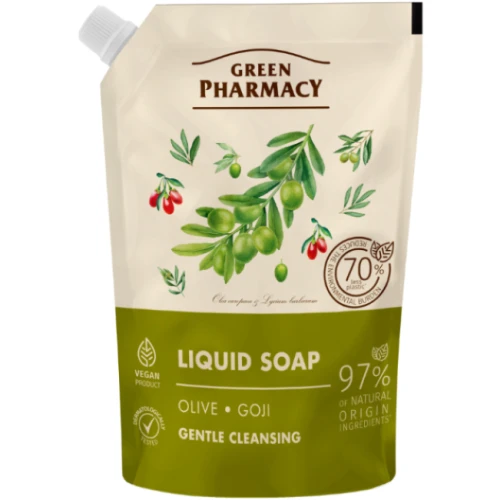Green Pharmacy Oliwa i Jagody Goji Mydło w płynie - refill, 460 ml - Nawilżająco-antyoksydacyjna formuła
