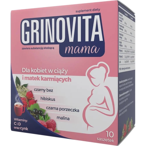 Grinovita mama, proszek bez cukru, 10 saszetek - Czarny bez i witaminy dla kobiet w ciąży i karmiących