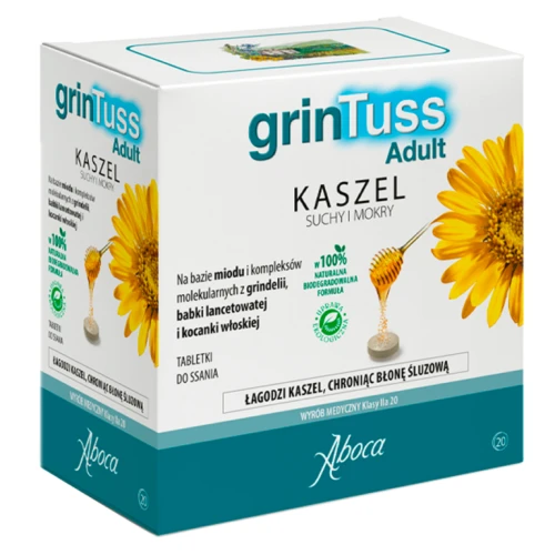 Aboca GrinTuss Adult Kaszel suchy i mokry,  20 tabletek do ssania - Ochrona i nawilżanie błony śluzowej, efekt bariery 