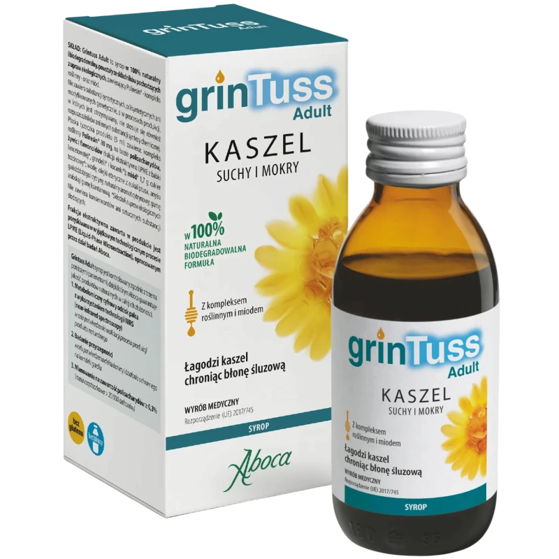 Aboca GrinTuss Adult, kaszel suchy i mokry, syrop dla dorosłych, 180 g - Z kompleksem Poliresin i miodem, naturalnie chroni błonę śluzową
