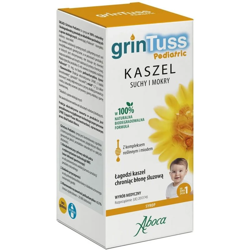 Aboca  Grintuss Pediatric, syrop 180 g - Z babką lancetowatą, miodem i kocanką na suchy i mokry kaszel