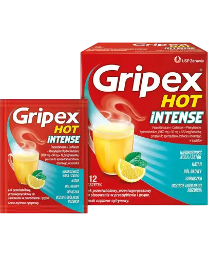 Gripex Hot Intense, 12 saszetek - Zawiera trzy substancje czynne: paracetamol, kofeinę i fenylefrynę