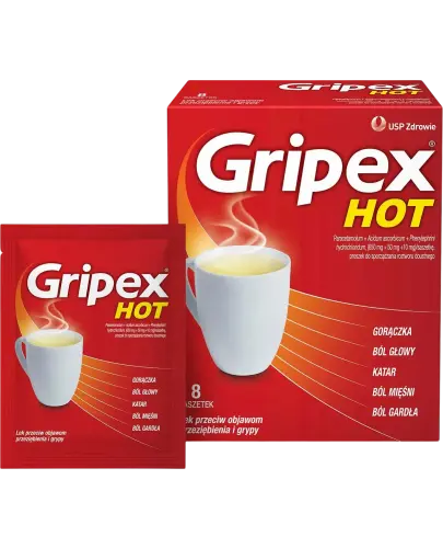 Gripex Hot, proszek do sporządzania roztworu doustnego, 8 saszetek - Wieloskładnikowy lek na objawy przeziębienia
