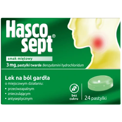 Hascosept smak miętowy 3 mg, bez cukru,  24 pastylki - Do ssania na ból gardła, łagodzi stan zapalny jamy ustnej