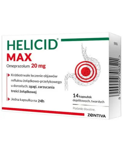 Helicid Max 20mg, 14 kapsułek dojelitowych - Z omeprazolem na objawy refluksu i zgagi