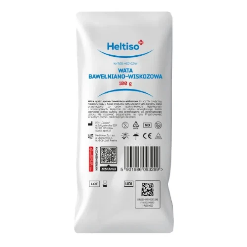 Heltiso Wata opatrunkowa bawełniano-wiskozowa, 100 g - Do celów higienicznych, kosmetycznych i opatrunkowych
