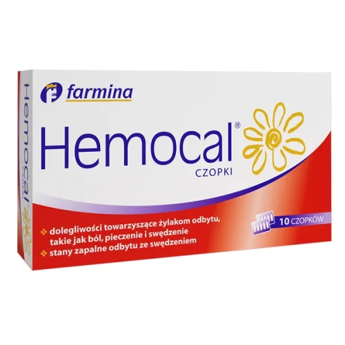 Hemocal, 10 czopków - Łagodzi ból, pieczenie i swędzenie, które towarzyszy hemoroidom