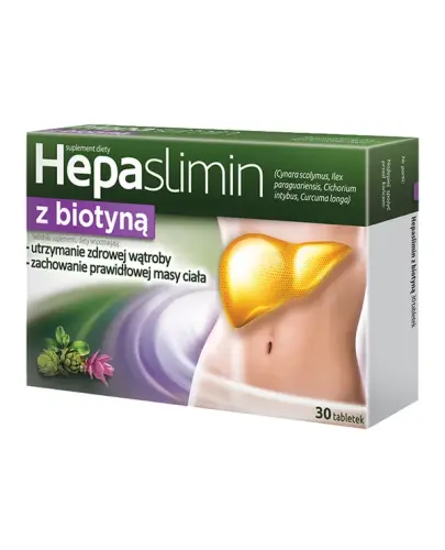 Hepaslimin z biotyną, 30 tabletek - Suplement diety z wyciągiem z liści karczocha oraz cykorii, które wspomagają trawienie 