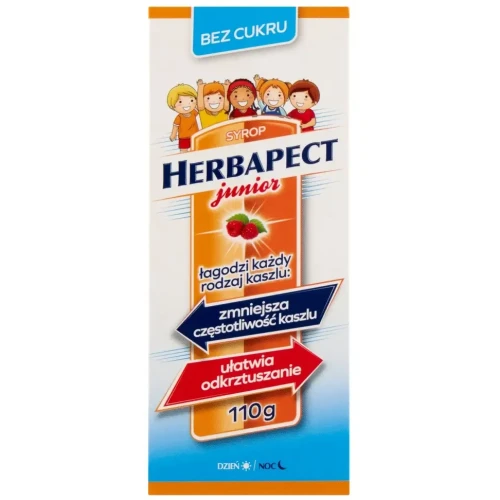 Herbapect Junior bez cukru syrop, 110g  - Syrop bez cukru o smaku malinowym z naturalnymi wyciągami na każdy rodzaj kaszlu
