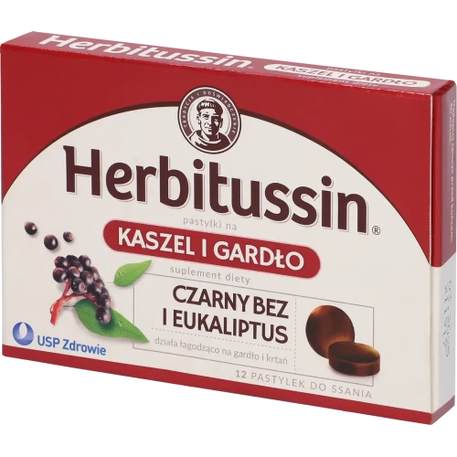 Herbitussin Kaszel i Gardło, 12 pastylek do ssania - Z czarnym bzem i eukaliptusem łagodzące podrażnienia gardła, krtani i strun głosowych